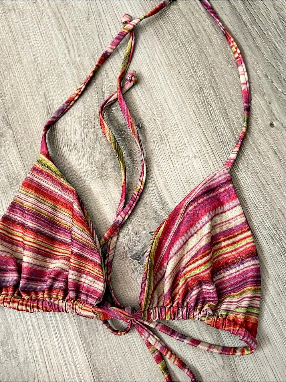 Frankies Bikinis Striped Bikini Top in Pink & Green